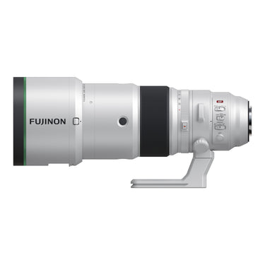 Fujifilm XF 400mm f4.5 R LM OIS WR lens, side profile with lens hood attached - Camera West