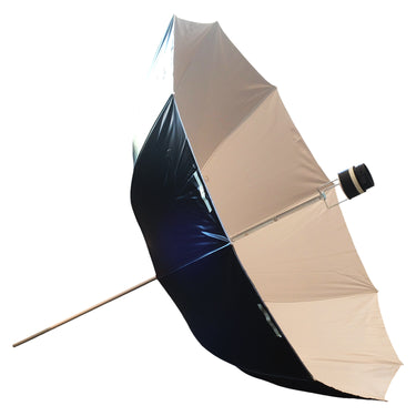 Profoto Giant White 210 umbrella at an angle showing black outer backing, shaft, and speedring mount