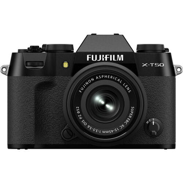 Fujifilm X-T50 w/ 15-45mm - Black, front view - Camera West