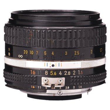 Nikon 50mm f1.4 AI-S side view showing focus ring, distance scale, and aperture ring