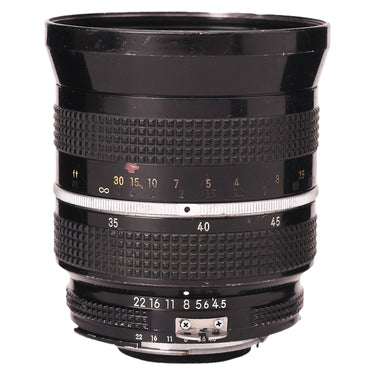 Nikon 28-45mm f4.5 Zoom-Nikkor front view with zoom and focus scales