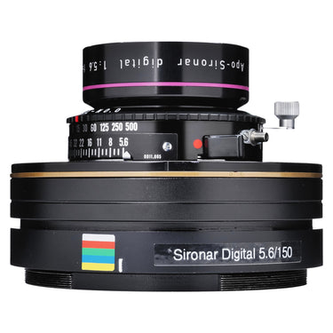 Arca Swiss Apo-Sironar Digital 150mm f5.6 side view showing shutter speed and aperture scales and Sironar Digital 5.6/150 lab