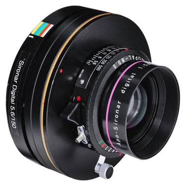 Arca Swiss Apo-Sironar Digital 150mm angled view with Sironar Digital 5.6/150 label and front element