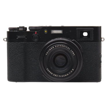 Fujifilm X100V black front view with Fujinon 23mm f2 lens