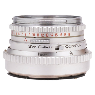 Hasselblad Carl Zeiss 80mm f2.8 Planar side view with Synchro Compur shutter and distance scale
