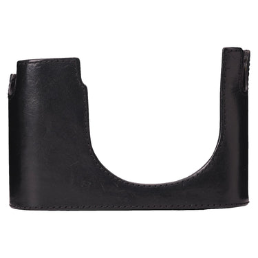 Leica Q3 black leather half case, front exterior side view
