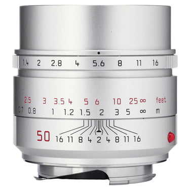 Leica Summilux-M 50mm f1.4 ASPH silver front view showing aperture and distance scales