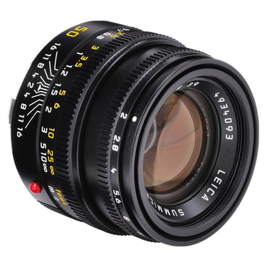 Leica Summicron-M 50mm f2 front three-quarter view of barrel and glass