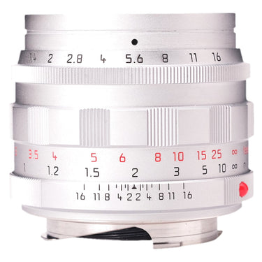 Leica 50mm Summilux-M silver side view showing aperture and focus scales