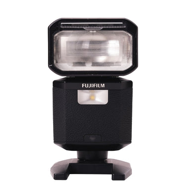 Fujifilm EF-X500 flash front view with flash head, LED light and stand