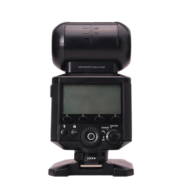 Fujifilm EF-X500 flash rear view with LCD panel and control dial