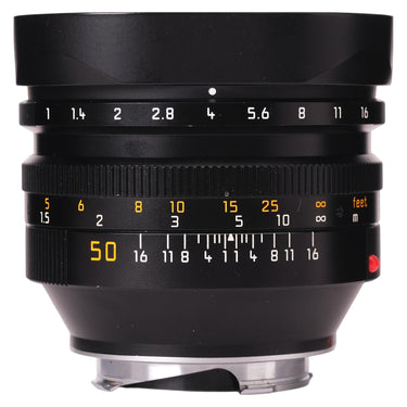 Leica Noctilux-M 50mm f1 front view with hood, aperture and distance scales