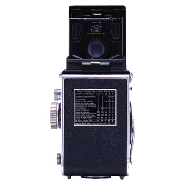 Rolleiflex 2.8C top-down view with waist-level finder open showing focusing screen