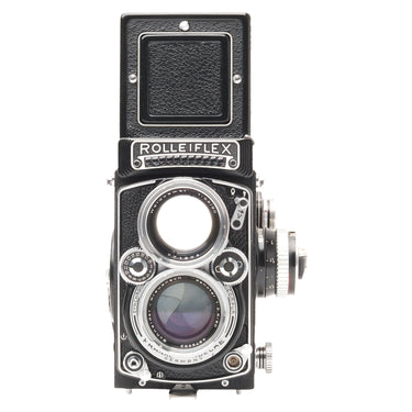 Rollei 2.8E front view with Xenotar taking lens, Heidosmat viewing lens, and waist-level finder open