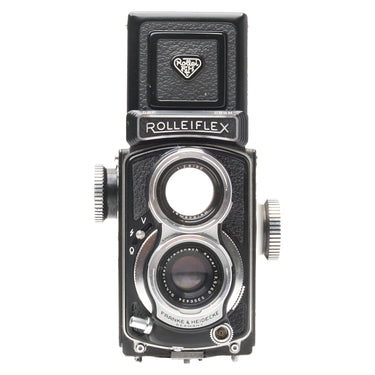 Rollei 4x4 Baby Black TLR front view with Xenar taking and Heidosmat viewing lenses