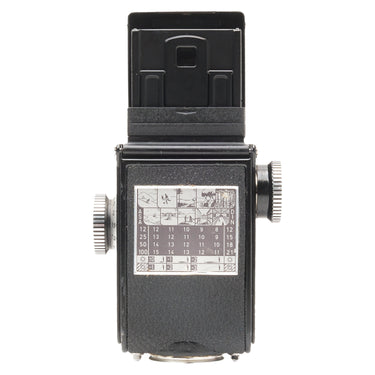 Rollei 4x4 Baby Black rear view with exposure guide table and film knobs
