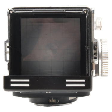Rollei Rolleiflex T top view into open waist-level finder showing grid focusing screen