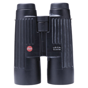 Leica 10x50 BA Trinovid front with red Leica logo, model marking, and eyepiece caps on