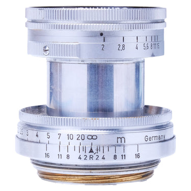 Leica Summitar 5cm f2 lens top view with aperture scale and depth-of-field scale