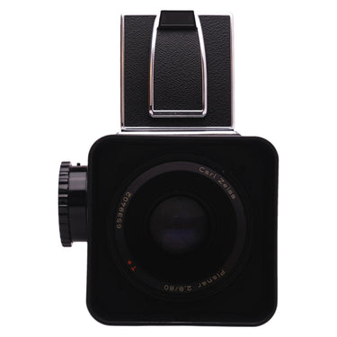 Hasselblad 500C/M front view with Carl Zeiss Planar 80mm f2.8 CF lens and shade