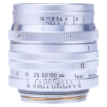 Leica Summarit 5cm f1.5 chrome barrel with aperture and depth-of-field scales