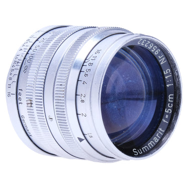 Leica Summarit 5cm f1.5 front element and aperture scale, angled view