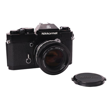 Nikon Nikkormat EL front three-quarter view with Nikkor 50mm f1.4 lens and separate front lens cap