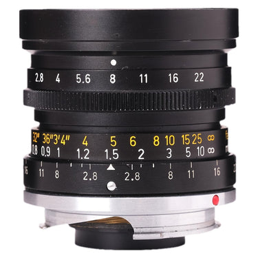 Leica 28mm f2.8 Elmarit barrel showing aperture and distance scales with bare M mount