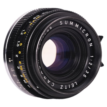 Leica 35mm f2 Summicron V2 front three-quarter view with focus and depth-of-field scale