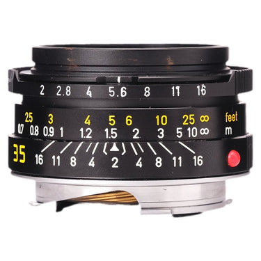 Leica 35mm f2 Summicron-M side view showing aperture and distance scales
