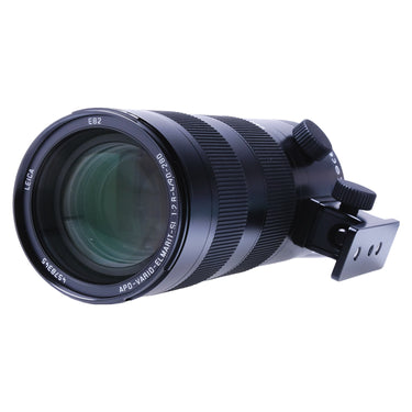 Leica 90-280mm SL lens angled view of front element and tripod collar knobs