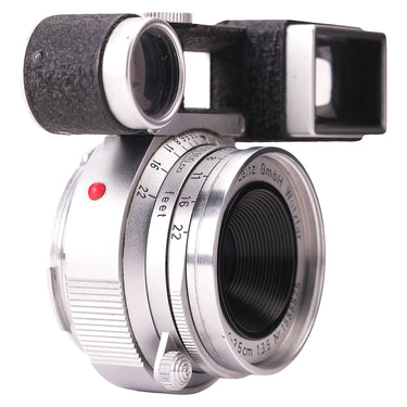 Leica Summaron 3.5cm f3.5 M3 rear three-quarter angle showing mount, red index, and feet scale