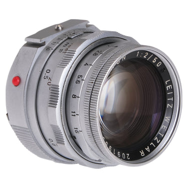Leica Summicron 50mm f2 DR front angled view with red index dot and front element