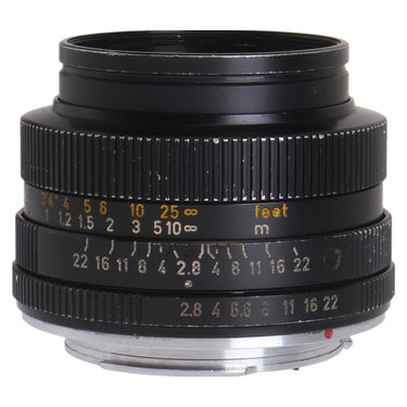 Leica Elmarit-R 35mm f2.8 side view with lens shade mounted, aperture and distance scales