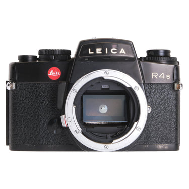 Leica R4s front view with lens mount open showing mirror box and focusing screen