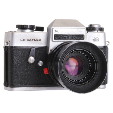 Leica Leicaflex SL front view with Summicron-R 50mm f2 lens and hood mounted