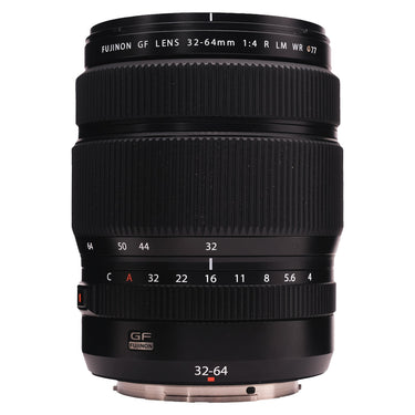 Fujifilm GF 32-64mm f4 R LM WR front barrel with model markings and aperture ring