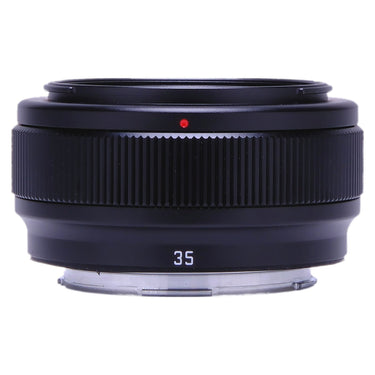 SG-image 35mm f2.2 lens side view with hood mounted and 35 marking