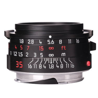 Mr Ding Pactcron-M 35mm f1.8 side view showing aperture and distance scales