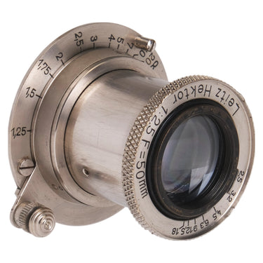 Leitz Hektor 50mm f2.5 lens three-quarter view with engraved name ring and front glass