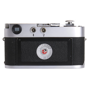 Leica M2 rear view with flash sync sockets and film reminder dial