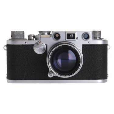 Leica IIIf Red Dial front view with 5cm f2 Summitar lens mounted