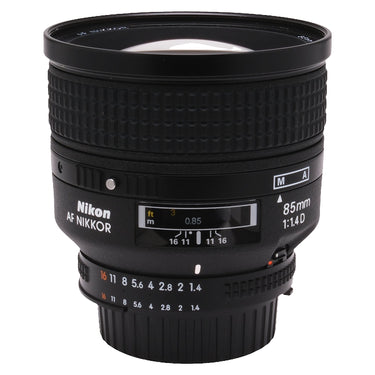 Nikon AF Nikkor 85mm f1.4 D front three-quarter view showing aperture ring and focus scale
