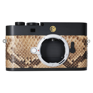 Leica M EV1 front view with python skin covering and bare M bayonet mount