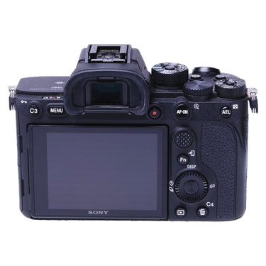 Sony A7R IV rear view showing LCD screen, viewfinder and control buttons