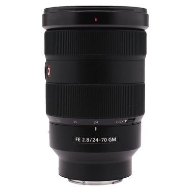 Sony FE 24-70mm f2.8 GM lens upright showing zoom scale and lock switch