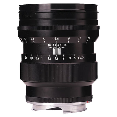 Voigtländer 75mm f1.5 Nokton side view with aperture and focus scales and engraved serial number