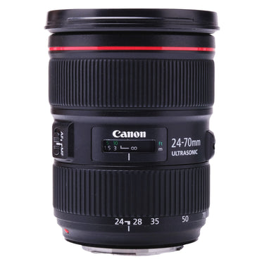 Canon EF 24-70mm f2.8 L II lens standing upright, front cap mounted
