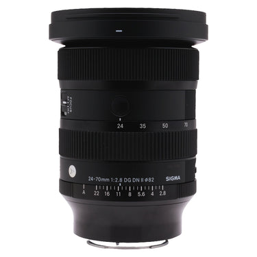 Sigma 24-70mm f2.8 DG DN II front three-quarter view showing focus switch and zoom scale