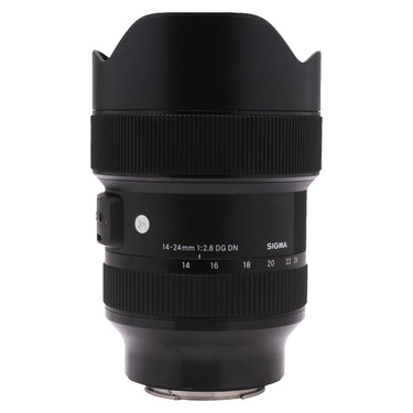 Sigma 14-24mm f2.8 DG DN front view with petal hood and zoom scale